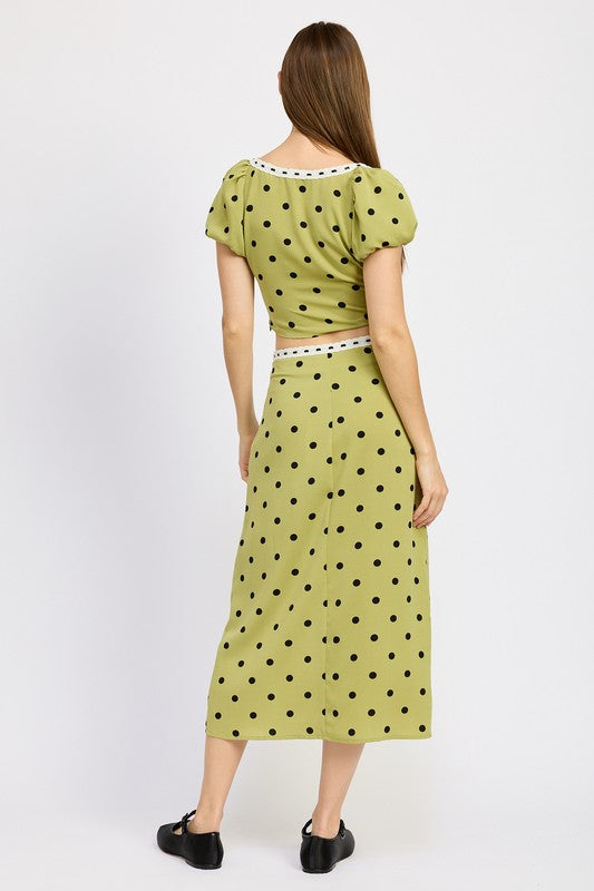 AVAH-Adeline Green Polka Dot Midi Skirt