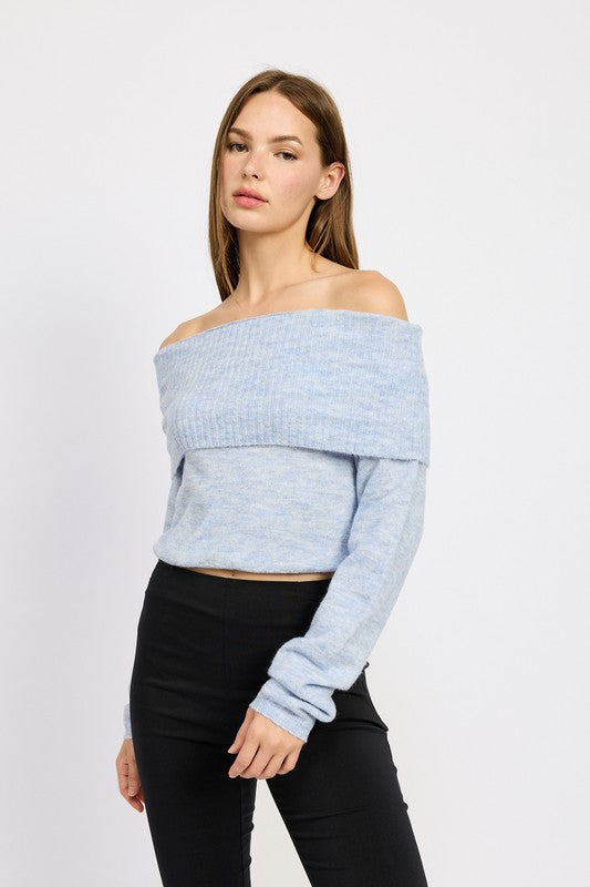 Seasonal Splendor Off the Shoulder Cropped Sweater-light blue