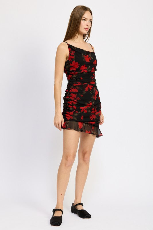 Black red floral ruched mini dress side view
