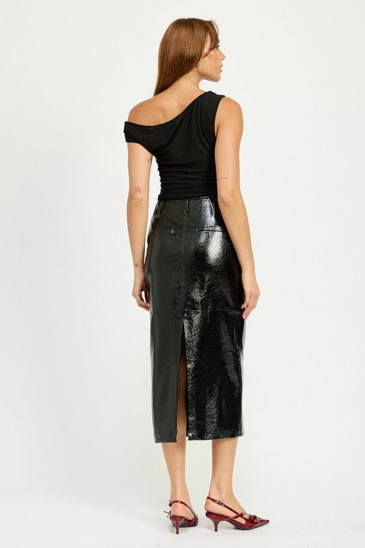 Back view of black midi skirt with center slit