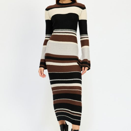 Autumn Chic Brown Multi Striped Bodycon Sweater Dress