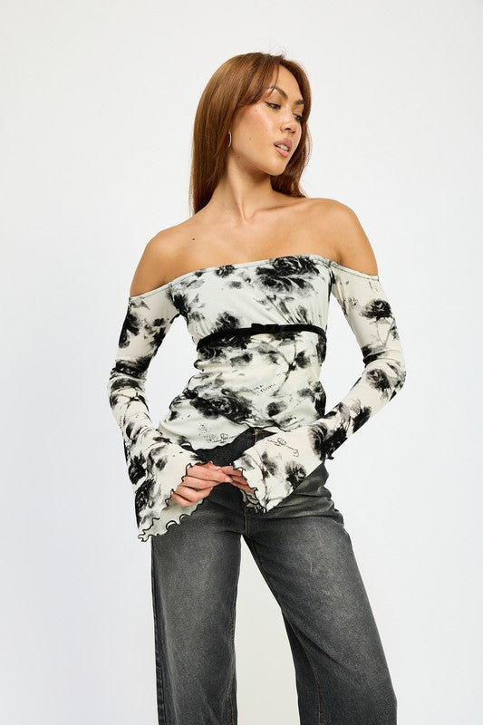 Front view of fitted off-shoulder floral top with flared sleeves