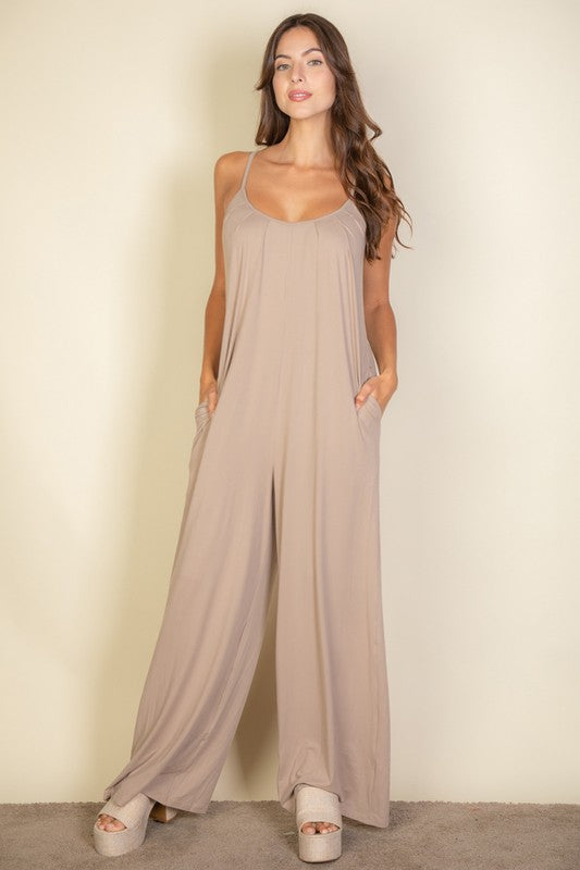 Taupe wide leg jumpsuit front view relaxed fit