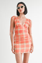AVAH-Tangerine Twist V-Neck Orange Plaid Mini Dress