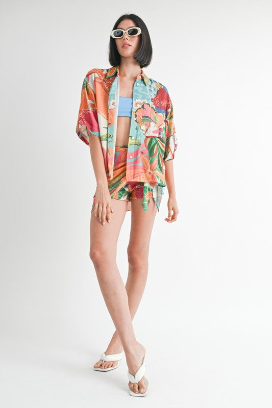 AVAH-Tropical Delight Button Up Collared Top-Orange and Teal Tropical Print