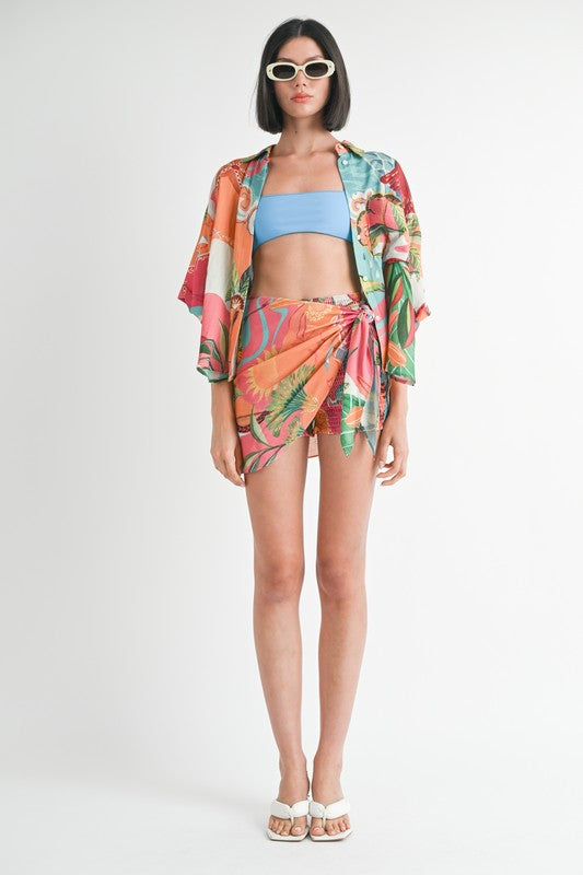 AVAH-Tropical Delight Button Up Collared Top-Orange and Teal Tropical Print