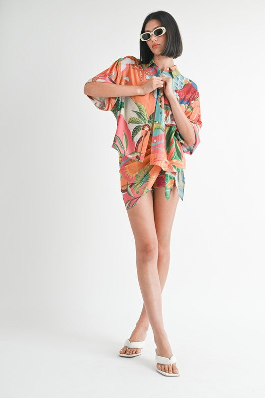 AVAH-Tropical Delight Button Up Collared Top-Orange and Teal Tropical Print
