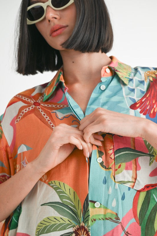 AVAH-Tropical Delight Button Up Collared Top-Orange and Teal Tropical Print