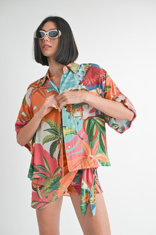 AVAH-Tropical Delight Button Up Collared Top-Orange and Teal Tropical Print