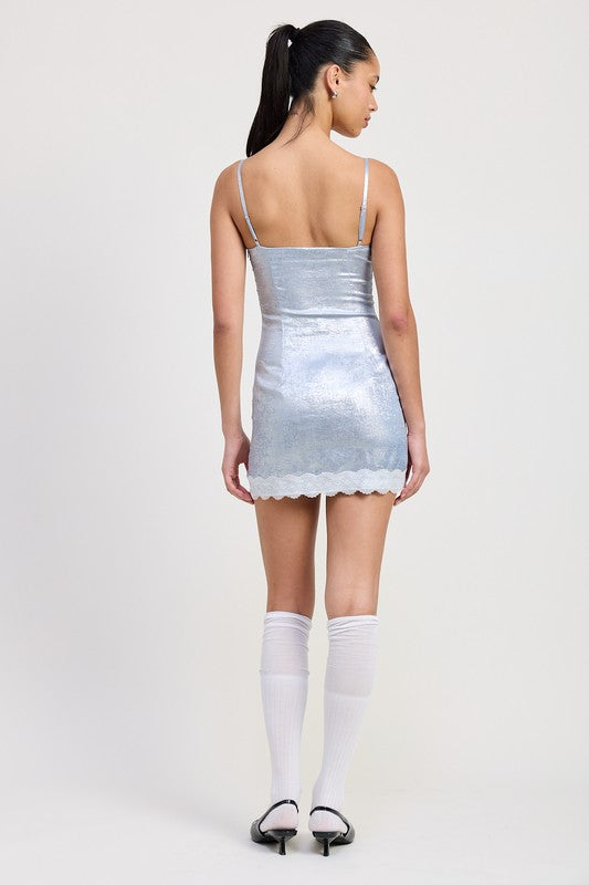 Back view of silver-blue satin mini dress with adjustable straps and lace-trimmed hemline