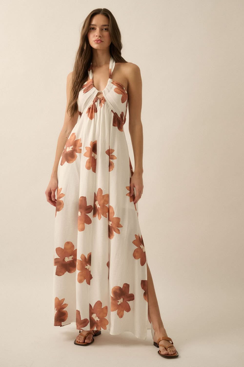 AVAH-Eden Floral Maxi Sundress-Brown and White