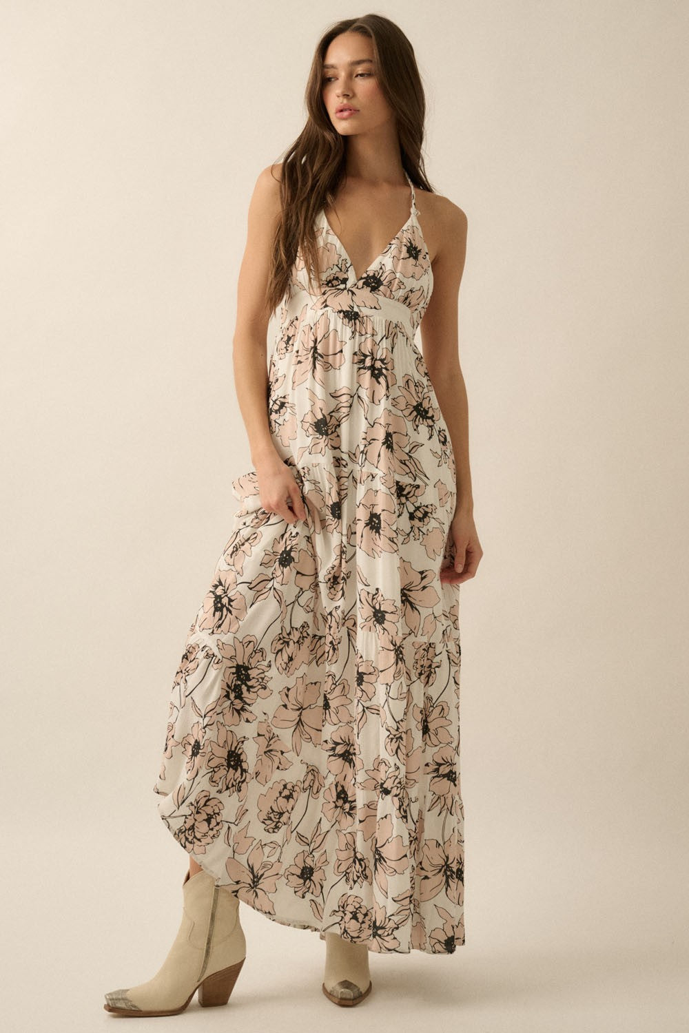 AVAH-Valentina Bloom Halter Neck Dress-Off White