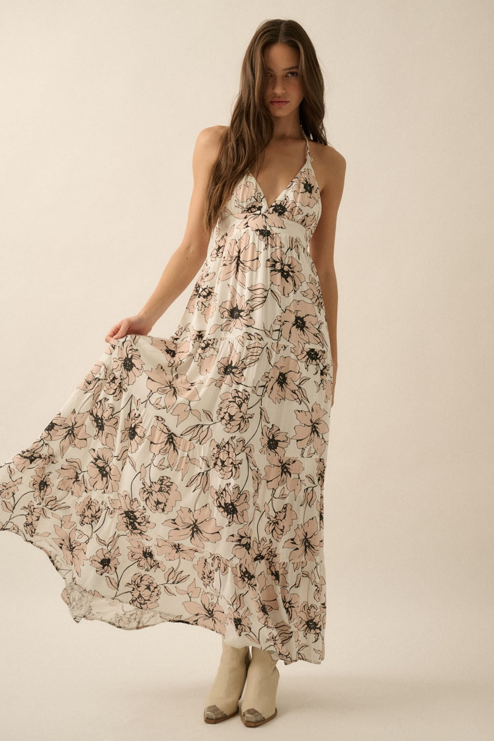 AVAH-Valentina Bloom Halter Neck Dress-Off White