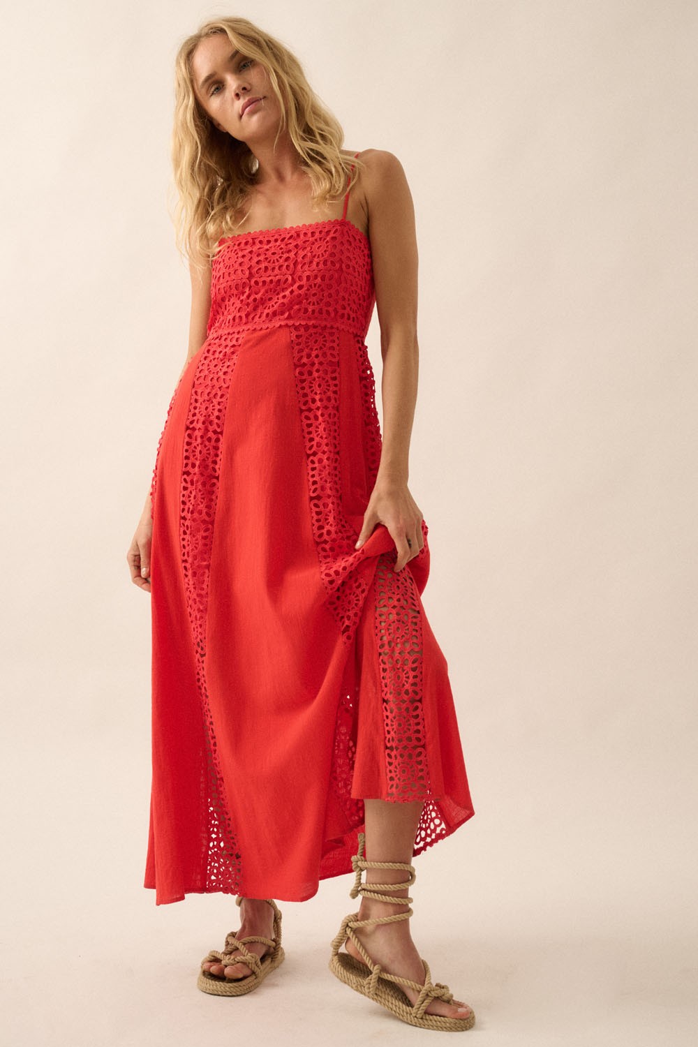 AVAH-Rubyvine Ember Red Maxi Dress with Crochet Lace