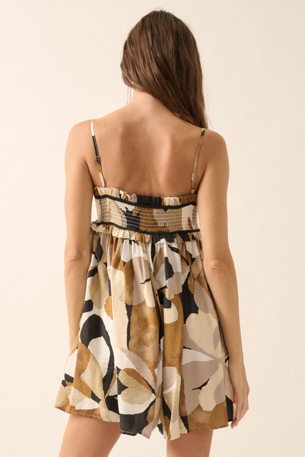 AVAH-Marbella Bloom Taupe and Black Smocked Floral Romper