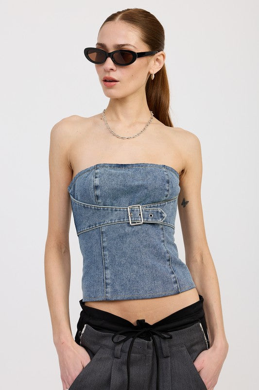 AVAH-Front view of model wearing strapless denim top with belt detail and fitted bodice