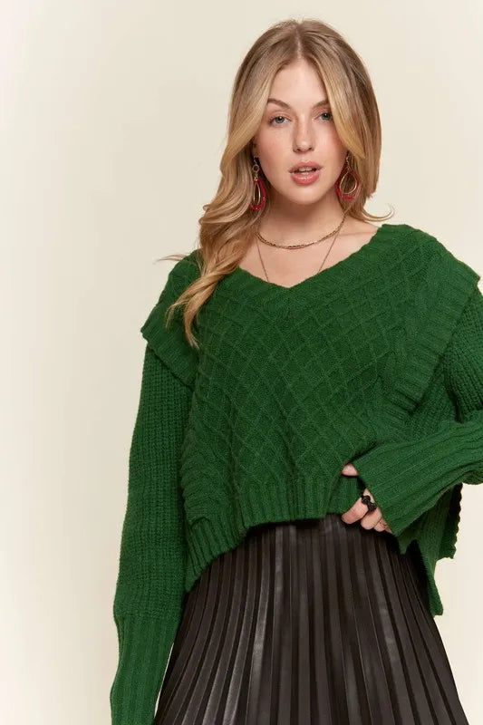 Emerald Isle Cable Knit Sweater in rich green with diamond knit texture, V neckline and layered shoulder detailing, front view.