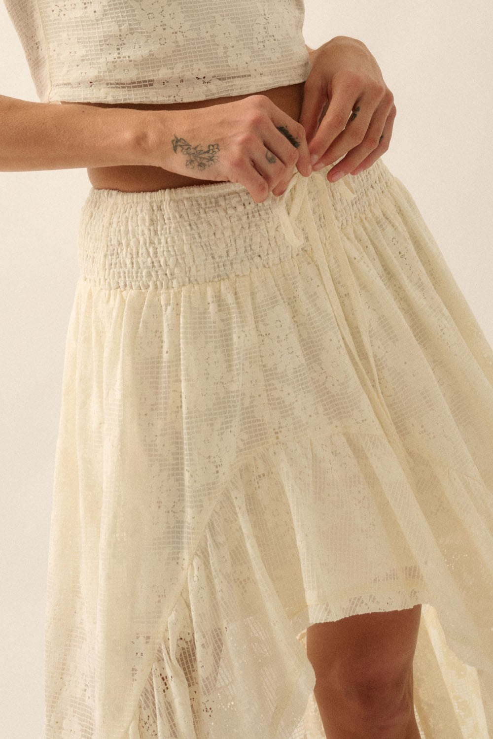 AVAH-Morning Haze Asymmetrical Lace Skirt-Cream