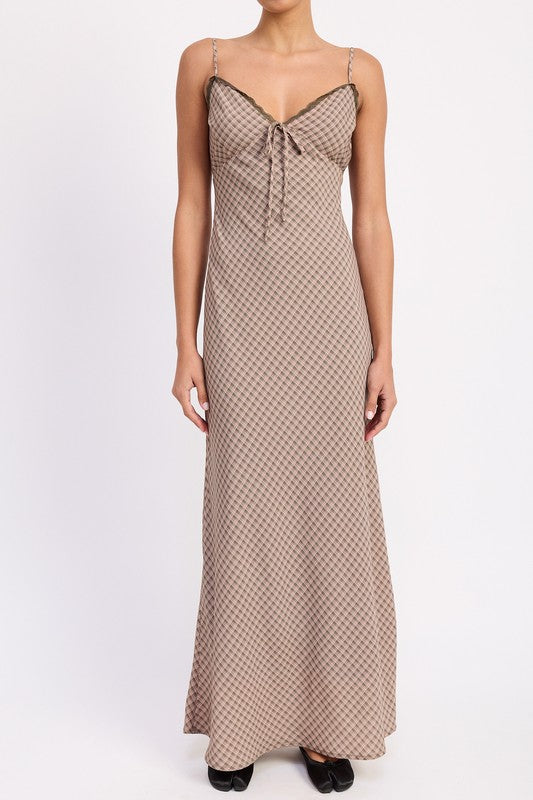 Front view of grid print maxi dress with lace-trim neckline and adjustable straps