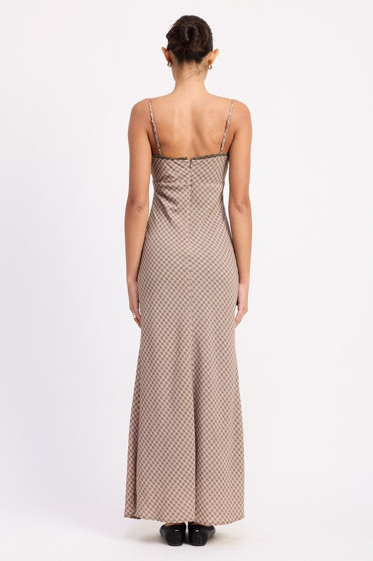 Back view of maxi dress with adjustable straps and zipper closure