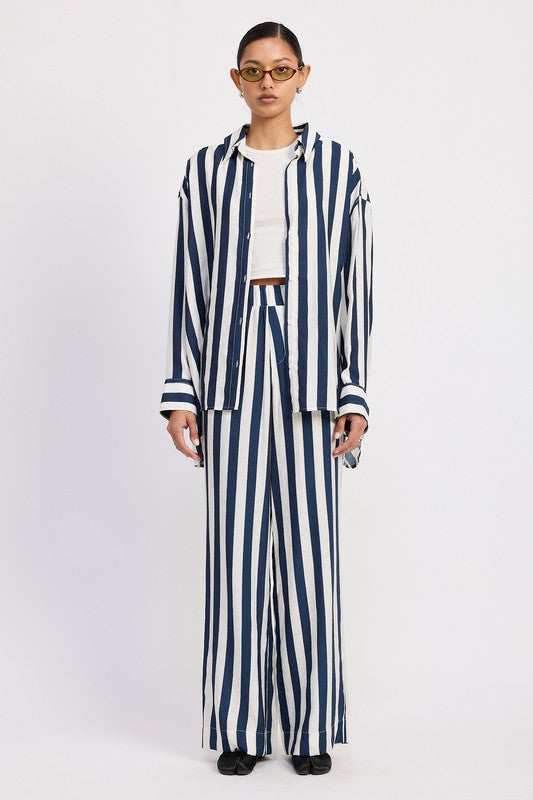 Full outfit view with matching striped pants and button-up collared shirt