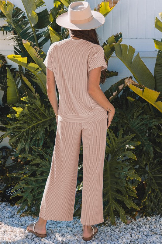 Back view of khaki corded lounge set, relaxed and breezy styling.