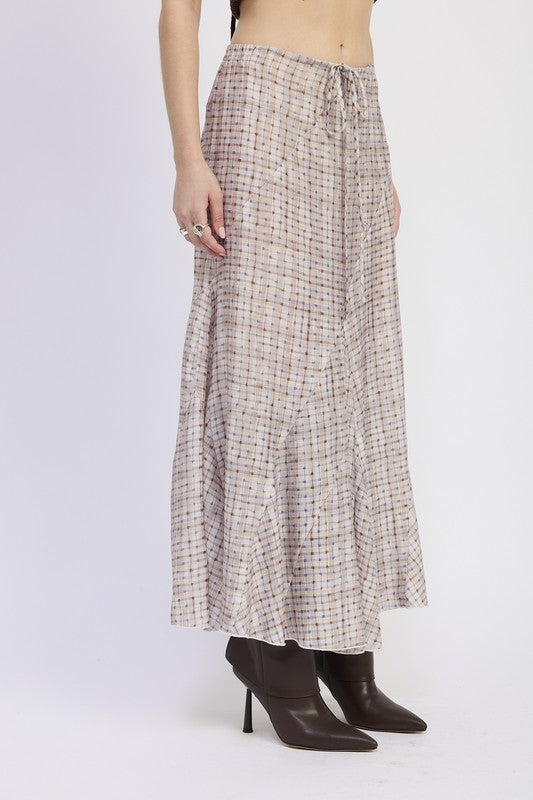 Side view of plaid maxi skirt with asymmetrical seams