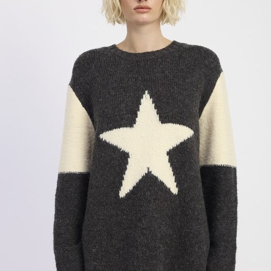 model wearing charcoal and ivory oversized star sweater-AVAH