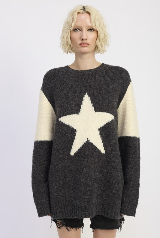 model wearing charcoal and ivory oversized star sweater-AVAH