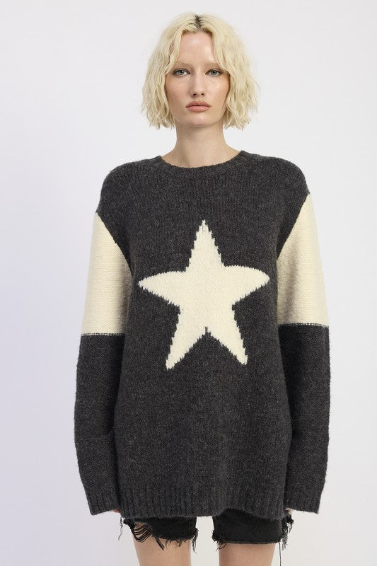 model wearing charcoal and ivory oversized star sweater-AVAH