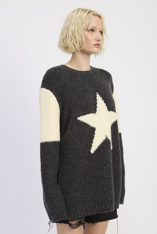 side view of charcoal and ivory star knit sweater