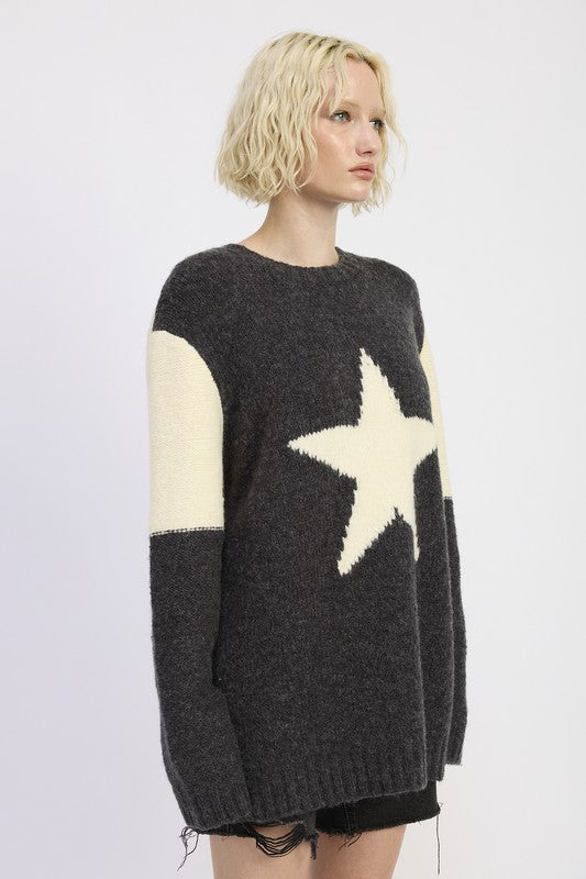 side view of charcoal and ivory star knit sweater