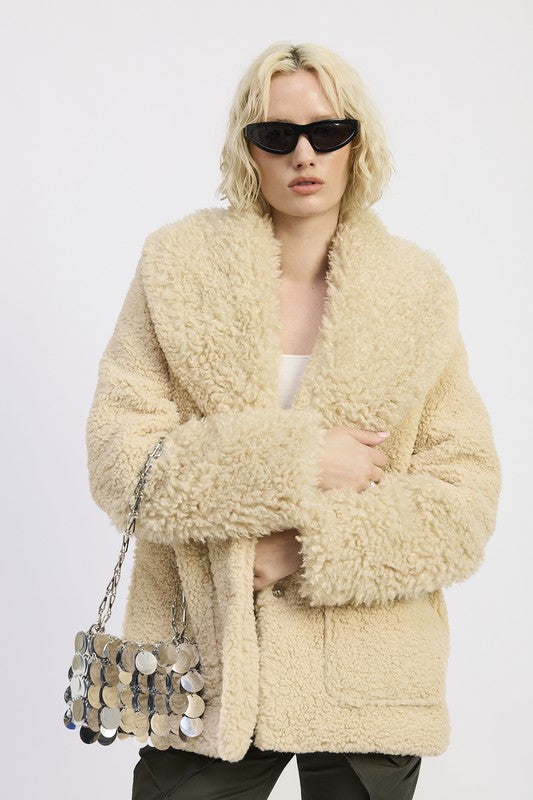 Woman posing in beige taupe teddy coat-AVAH