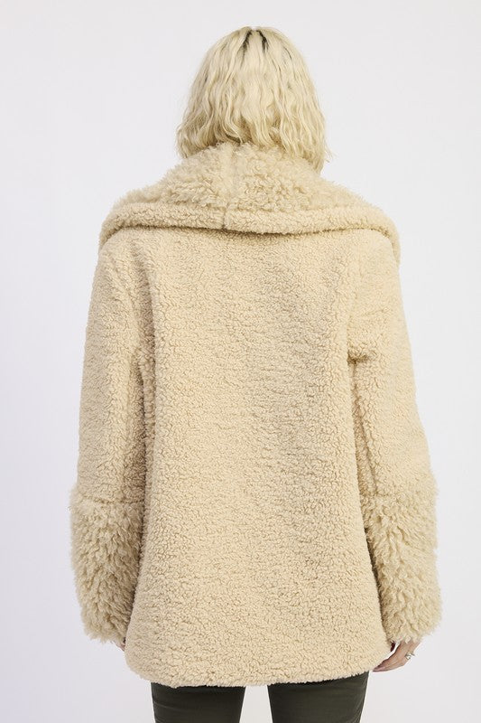 Back view of faux shearling teddy coat in beige taupe with long sleeves-AVAH