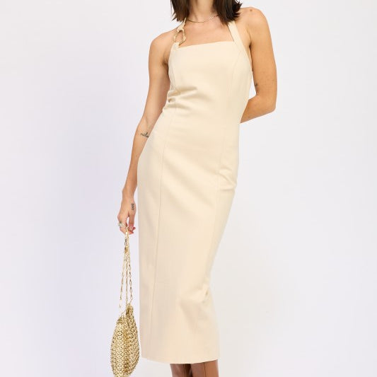 AVAH taupe midi dress with a halter neckline and square front view