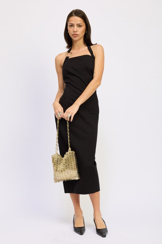 AVAH black halter midi dress with square neckline front view