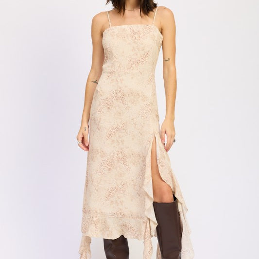 Model wearing ivory leopard print midi dress with square neckline and high slit, front view-AVAH