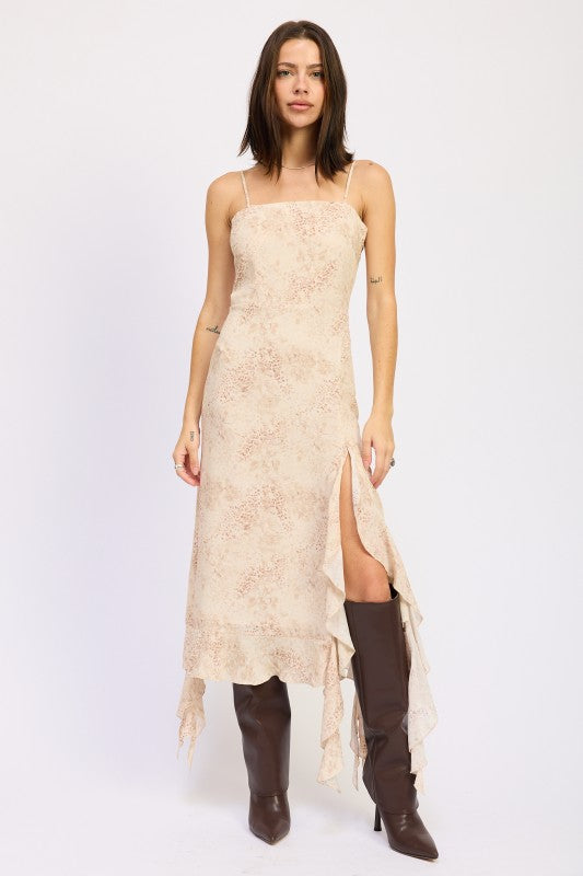 Model wearing ivory leopard print midi dress with square neckline and high slit, front view-AVAH