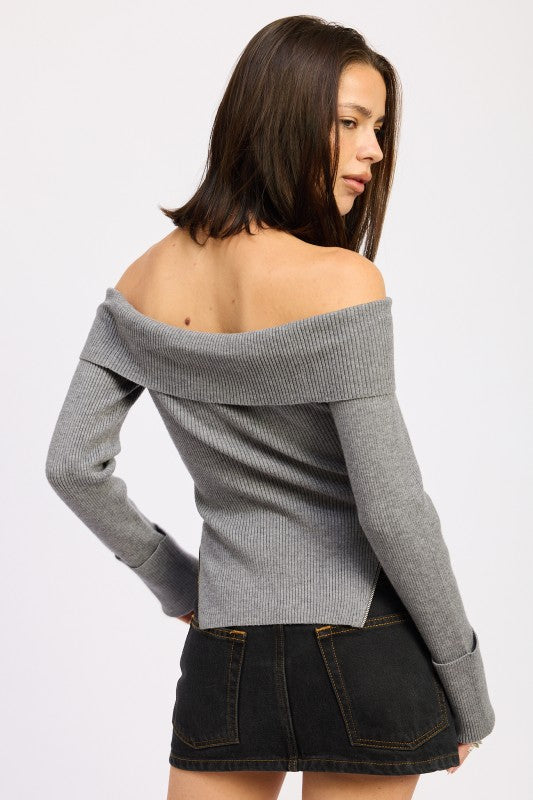 Trendy off the shoulder ribbed sweater featuring wide sleeves and foldover neckline in grey, back view