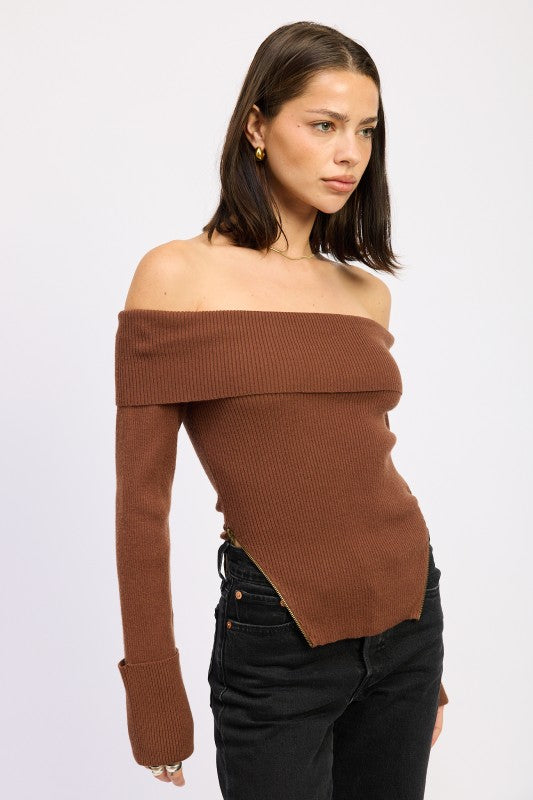 Chic brown off the shoulder ribbed sweater with pointed hem detail, side angle