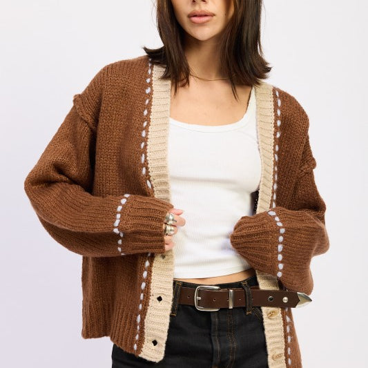 Model wearing brown contrast-trim knit cardigan with cream accents and white tank top.