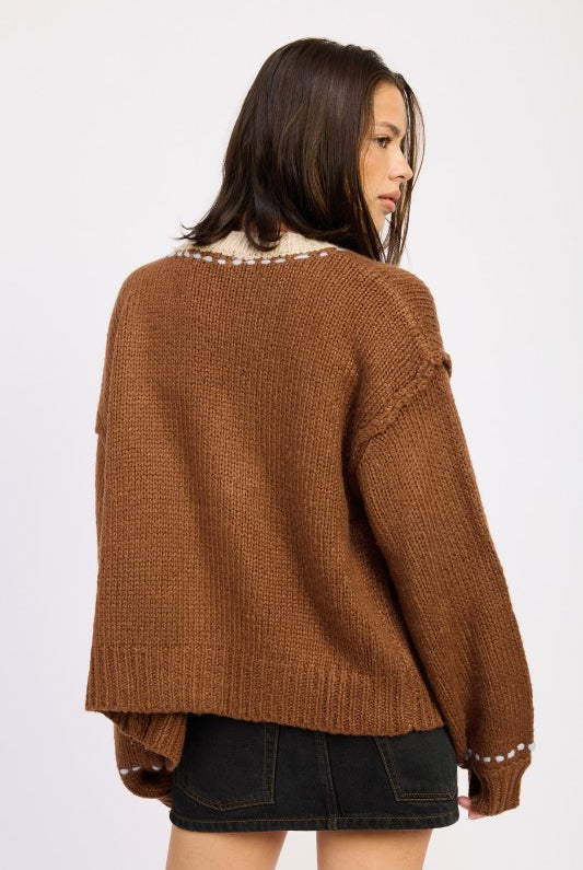 Back view of brown knit cardigan showing soft texture and dropped shoulders.