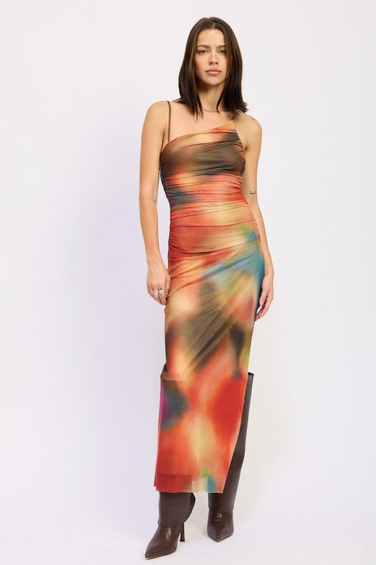 Full-length front view of printed maxi dress styled with tall brown boots-AVAH