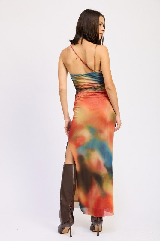 Back view of bodycon maxi dress with asymmetrical strap and slit hem-AVAH