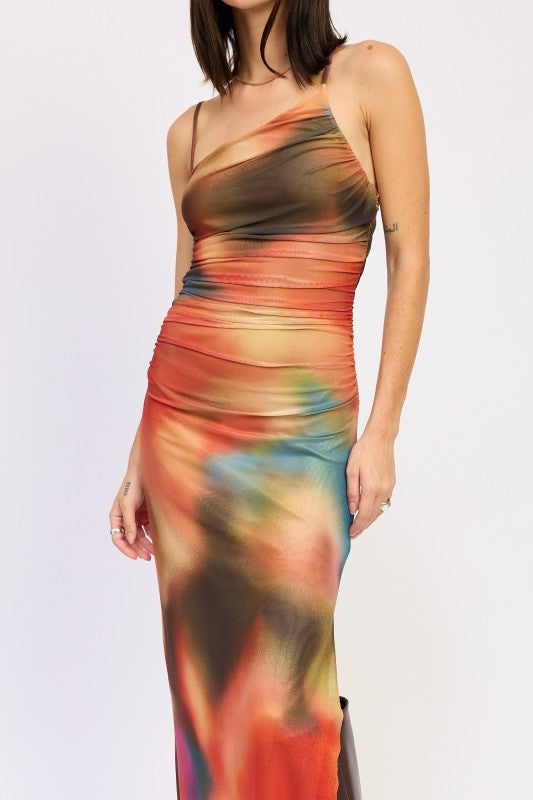 Close-up of asymmetrical neckline and ruched bodice on printed maxi dress-AVAH