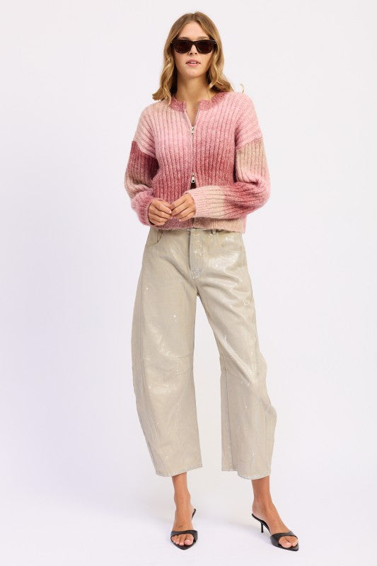 Full look featuring blush gradient zip sweater with wide-leg pants.