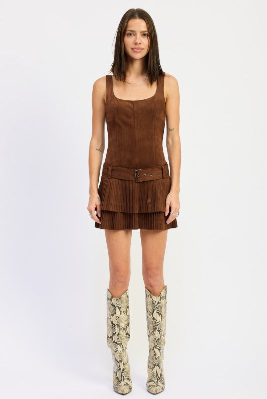 front view of belted brown mini dress