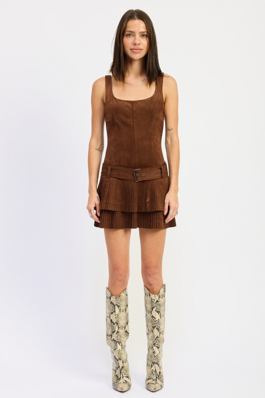 front view of belted brown mini dress