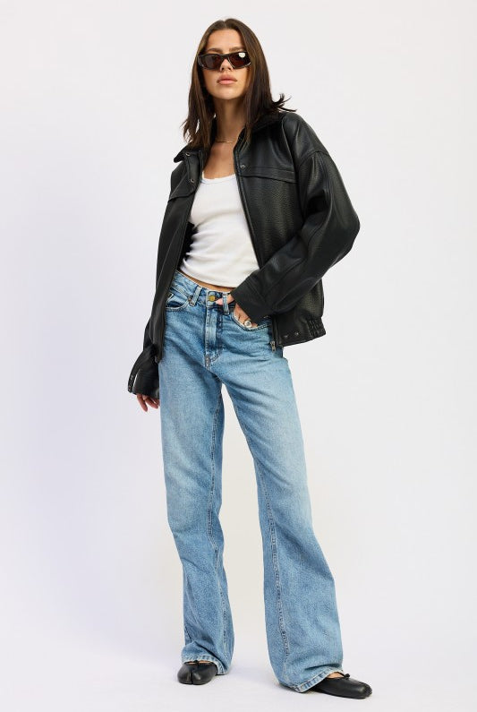 Side angle of black vegan leather bomber jacket with relaxed fit and sherpa collar.