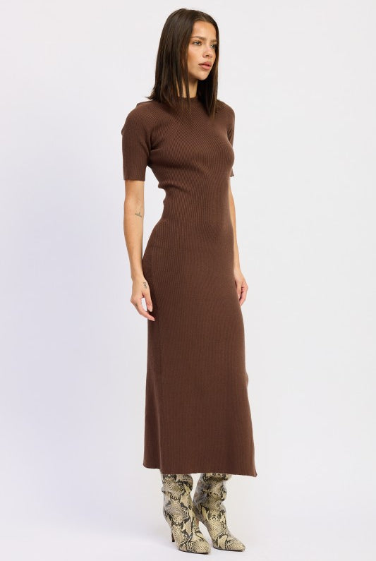 Full-length view of mocha rib knit dress styled with boots.
